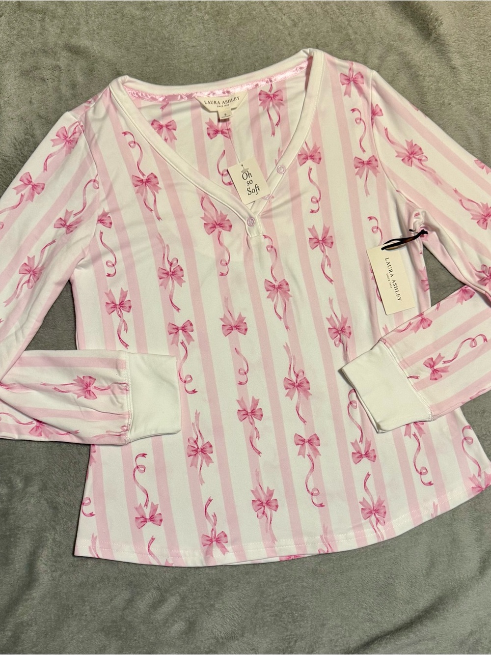 Laura Ashley Women’s  Pink & White Striped Bow-Print Pajama Set Size S NWT - Picture 2 of 8